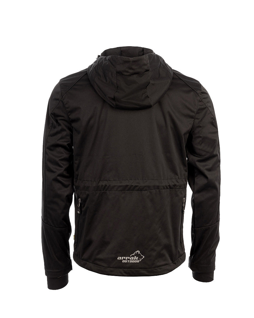 Arrak Men's Akka Softshell Jacket Black Back with multiple pockets, water repellent for dog walking