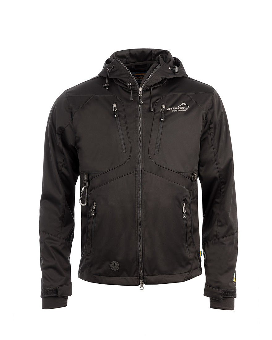 Arrak Men's Akka Softshell Jacket Black Front with multiple pockets, water repellent for dog walking
