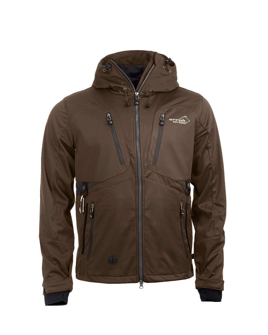 Arrak Men's Akka Softshell Jacket Brown Front with multiple pockets, water repellent for dog walking