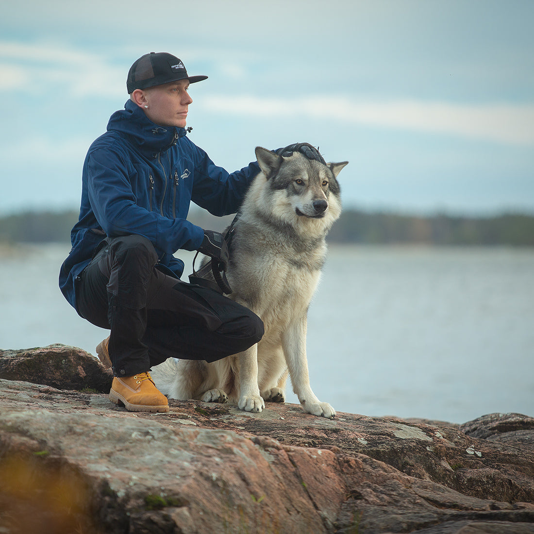 Arrak Men's Akka Softshell Jacket Navy Dog Model with multiple pockets, water repellent for dog walking