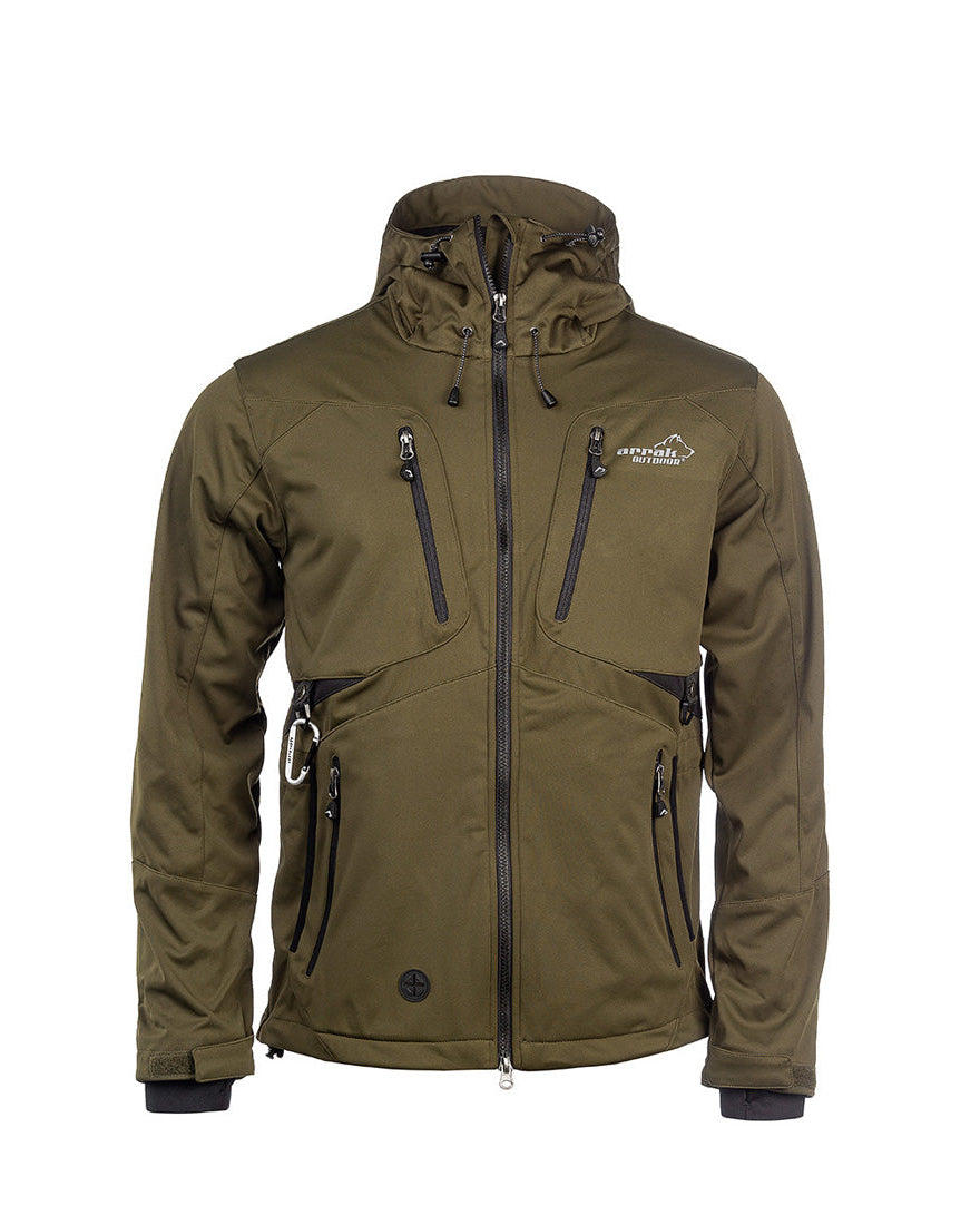 Arrak Men's Akka Softshell Jacket Olive Front with multiple pockets, water repellent for dog walking