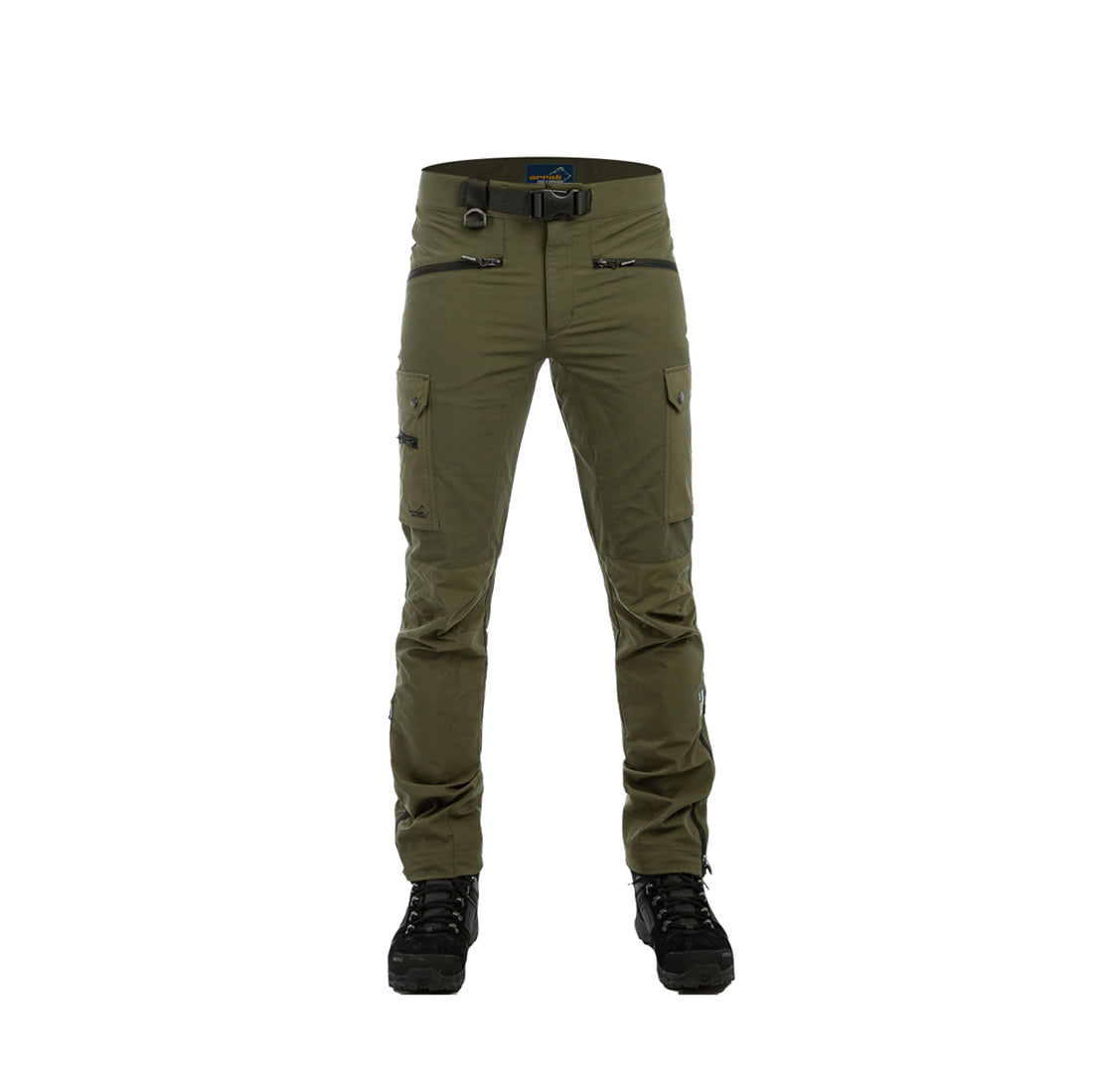 Arrak Men's Motion Flex Trousers Olive front waterproof, stretchy, with multiple pockets, with belt.