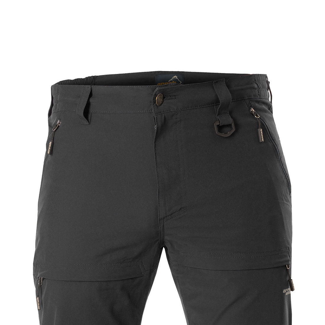 Arrak Men's Quick Dry Trousers Black closeup waterproof, stretchy, with multiple pockets.
