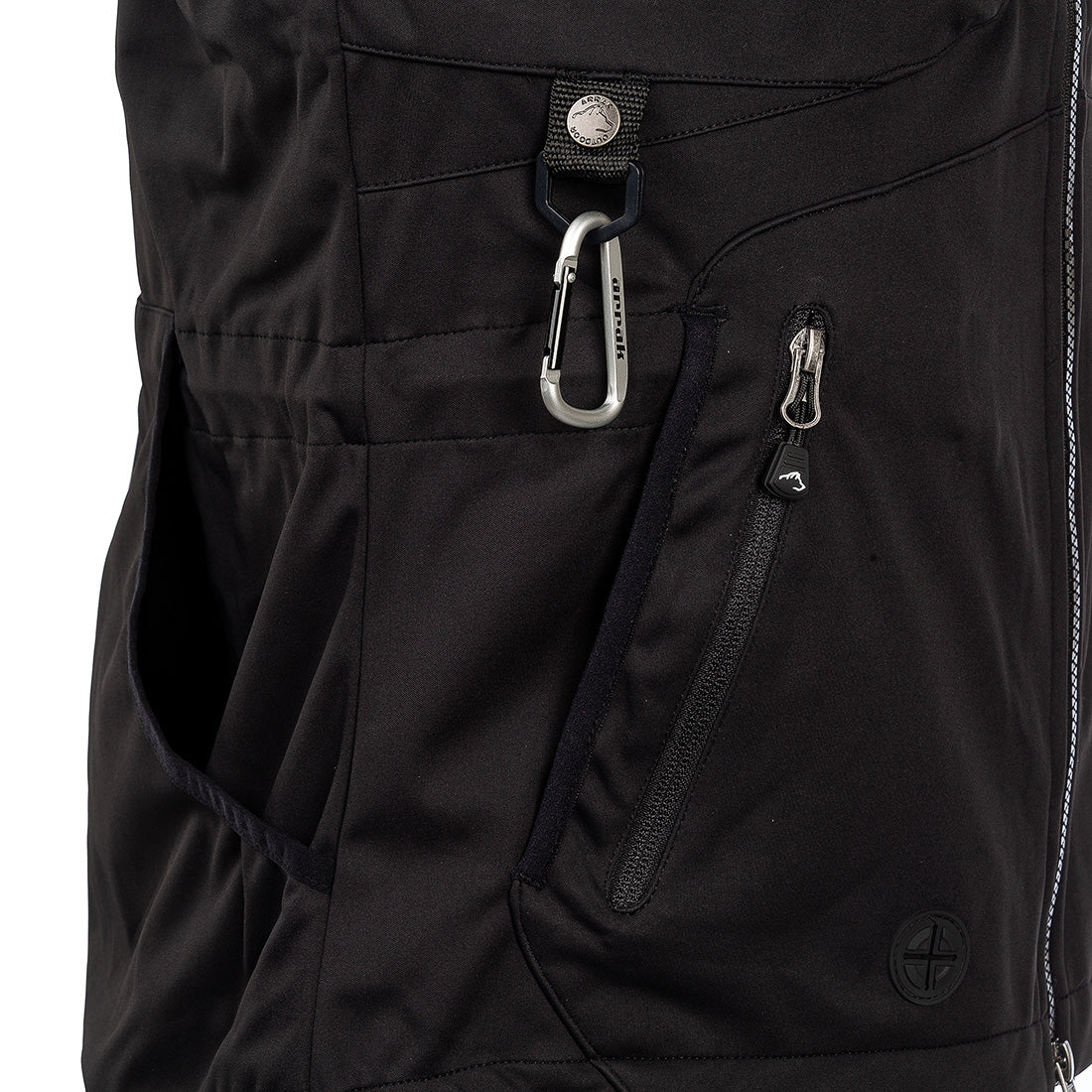 Arrak Women's Acadia Softshell Vest Black pocket detail breathable, waterproof, with multiple pockets, perfect for dog training