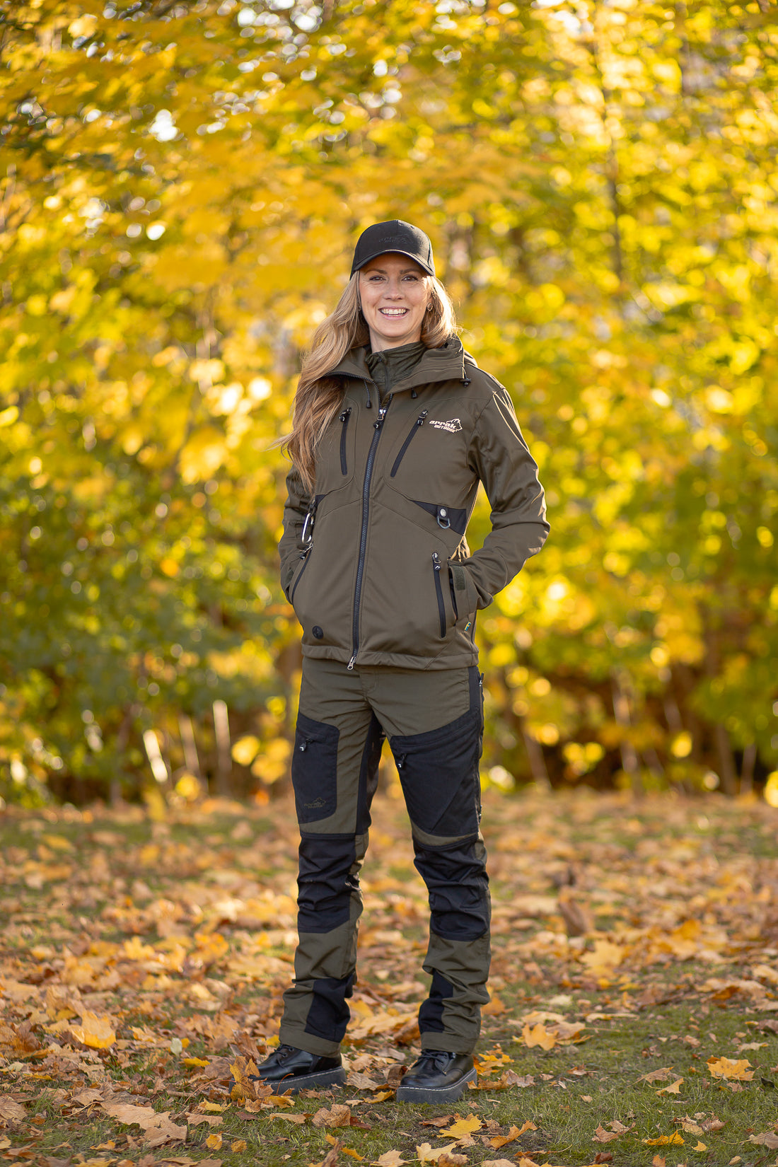 Arrak Women's Active Stretch Trousers Olive model front durable, stretchy, with multiple pockets, water repellent.