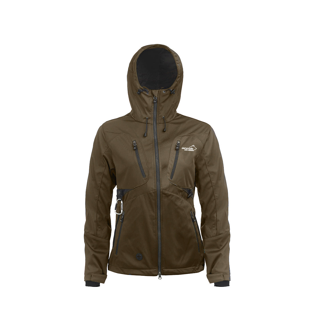 Arrak Women's Akka Softshell Jacket Brown Front with Hood with multiple pockets, water repellent for dog walking