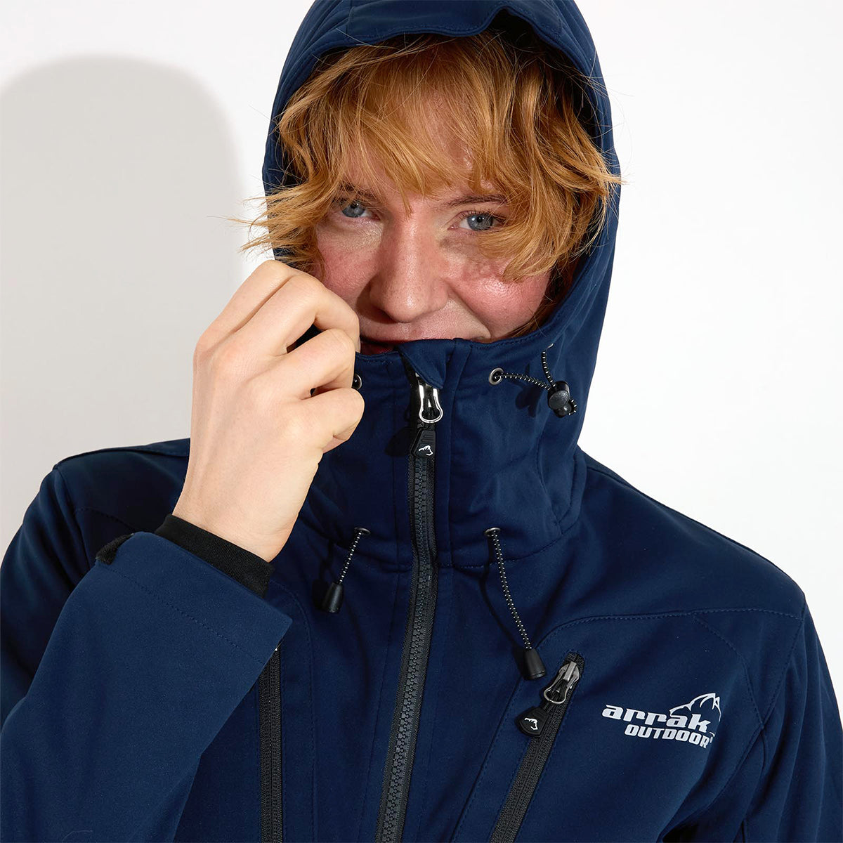 Arrak Women's Akka Softshell Jacket Navy Lady Front with Hood with multiple pockets, water repellent for dog walking