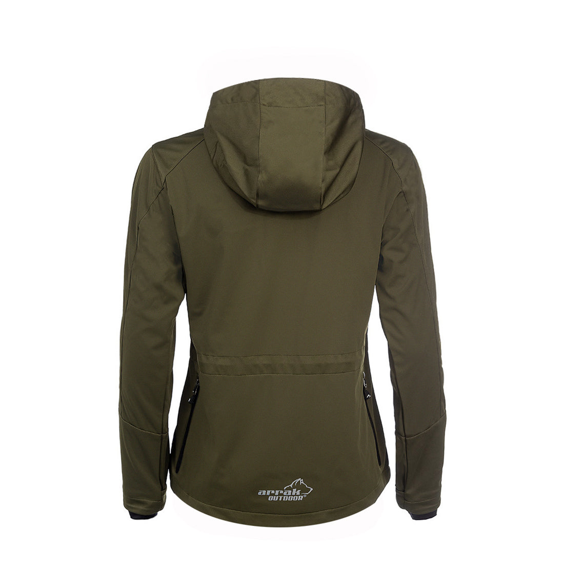 Arrak Women's Akka Softshell Jacket Olive Back with multiple pockets, water repellent for dog walking