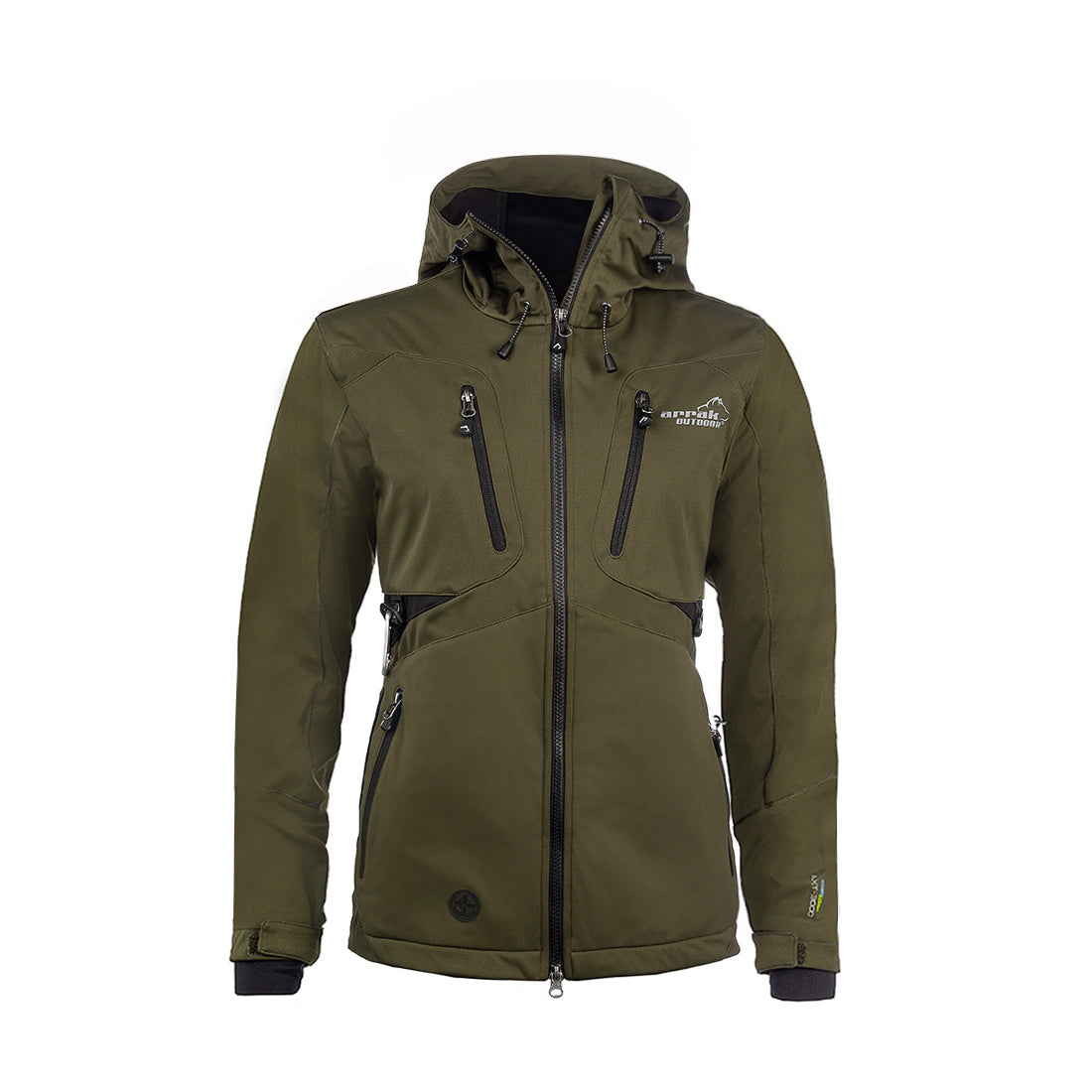 Arrak Women's Akka Softshell Jacket Olive Front with multiple pockets, water repellent for dog walking