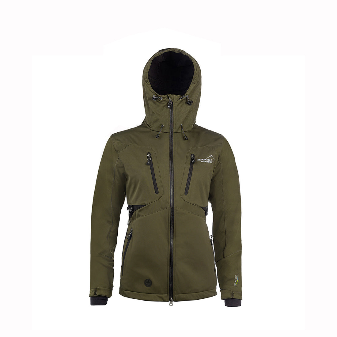Arrak Women's Akka Softshell Jacket Olive Front with Hood with multiple pockets, water repellent for dog walking