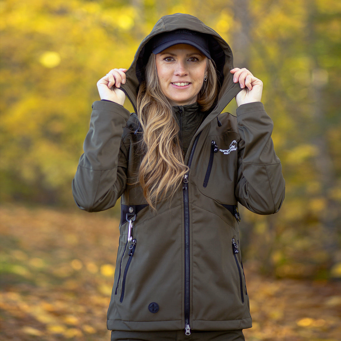 Arrak Women's Akka Softshell Jacket Olive Lady Front with Hood with multiple pockets, water repellent for dog walking