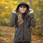 Arrak Women's Akka Softshell Jacket Olive Lady Front with Hood with multiple pockets, water repellent for dog walking