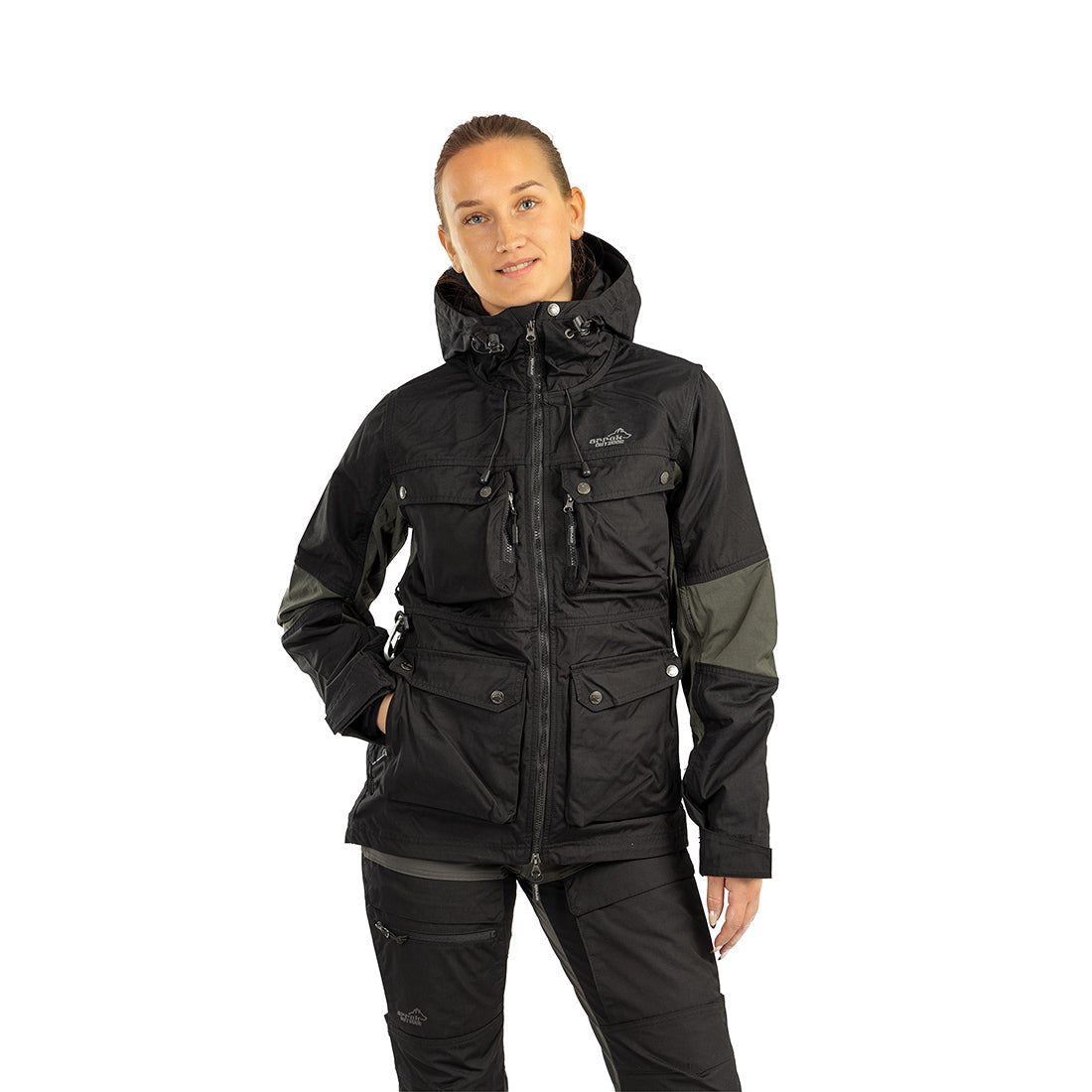 Arrak Women's Hybrid Jacket Black Front with multiple pockets, windproof, perfect for dog walks
