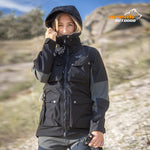 Arrak Women's Hybrid Jacket Black Front Lifestyle with multiple pockets, windproof, perfect for dog walks