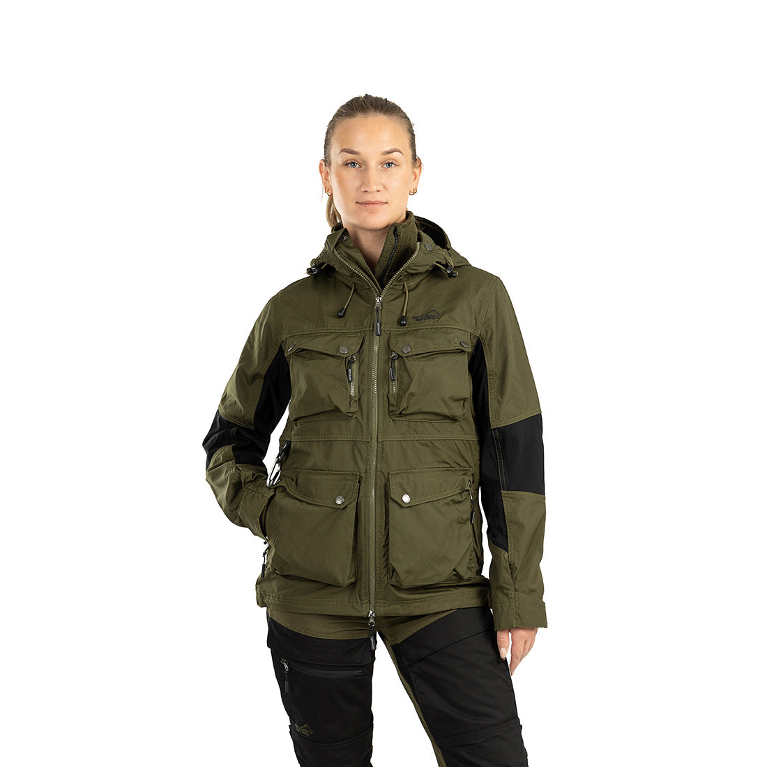 Arrak Women's Hybrid Jacket Olive Front with multiple pockets, windproof, perfect for dog walks