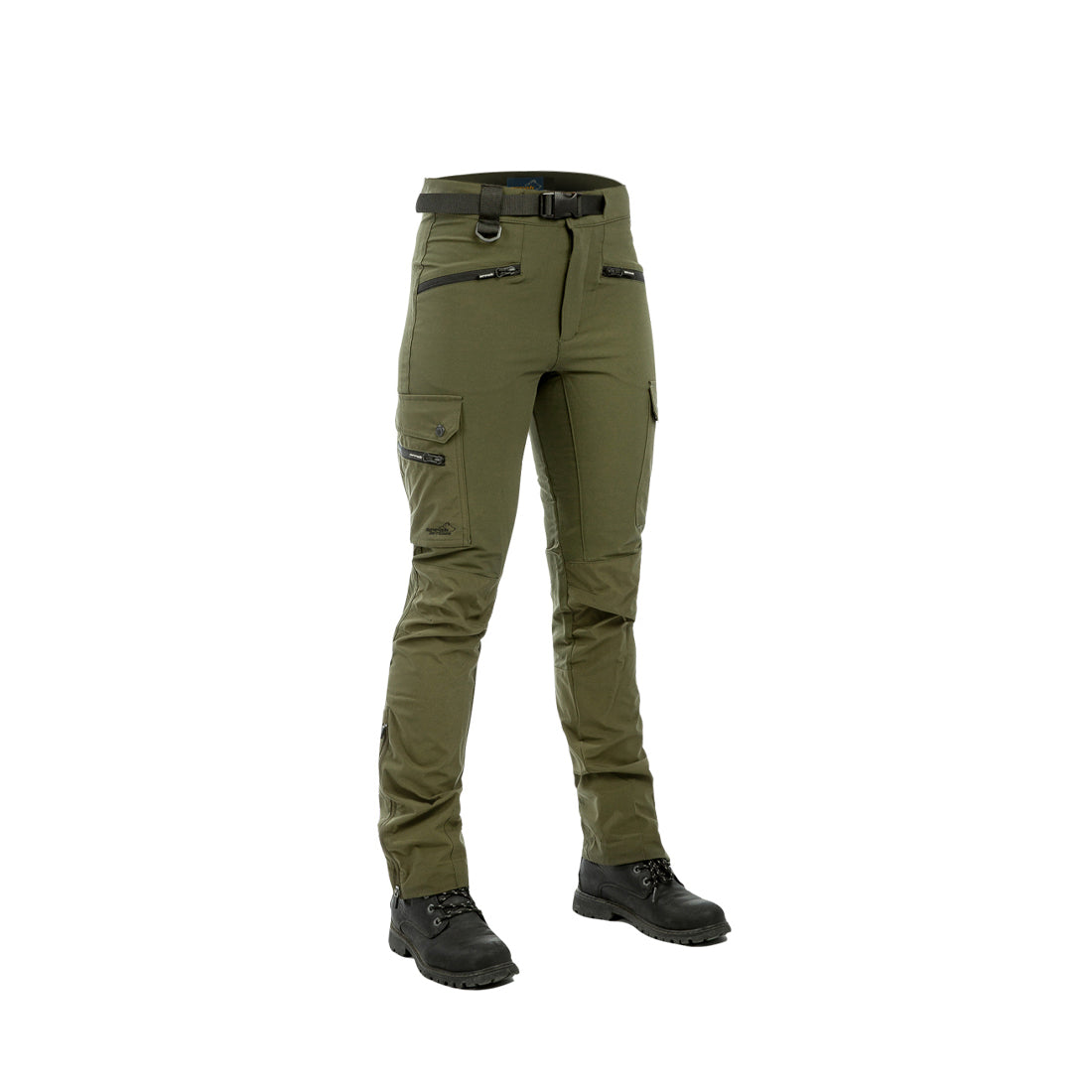 Arrak Women's Motion Flex Trousers Olive front waterproof, stretchy, with multiple pockets, with belt.