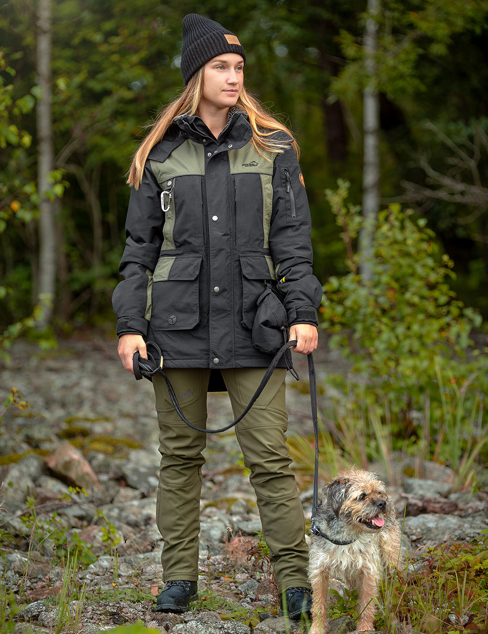 Arrak Women's Original Jacket Olive Front woman forrest with multiple pockets, waterproof for the outdoor dog owner