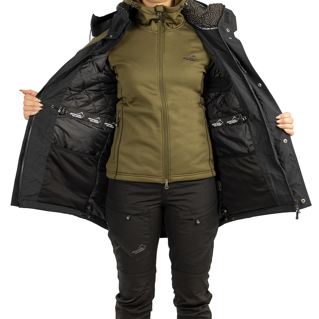 Arrak Women's Original Jacket Olive Front model with multiple pockets and warm lining
