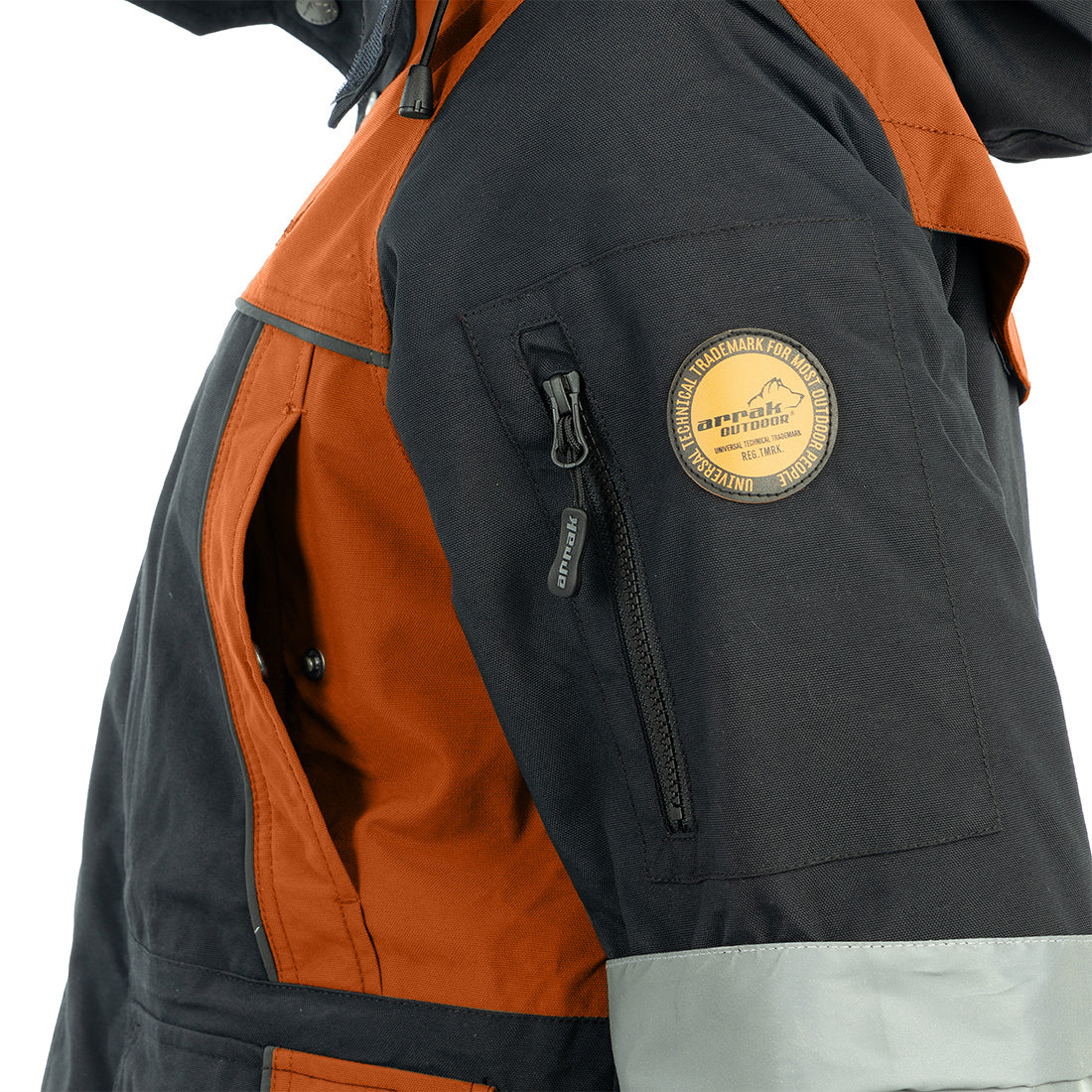 Arrak Women's Original Jacket Orange Gray Arm pocket detail, waterproof for the outdoor dog owner