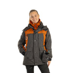 Arrak Women's Original Jacket Orange Gray Front model with multiple pockets, waterproof for the outdoor dog owner