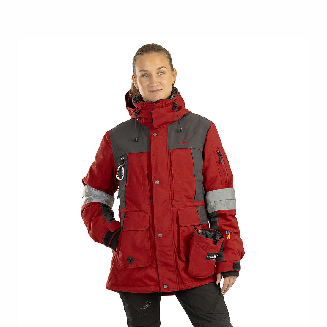Arrak Women's Original Jacket Red Grey Front model with multiple pockets, waterproof for the outdoor dog owner