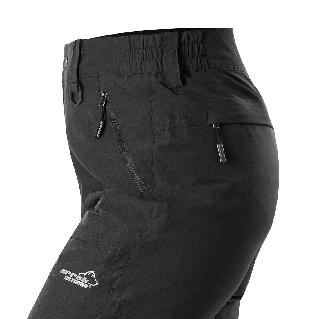 Arrak Women's Quick Dry Trousers Black closeup waterproof, stretchy, with multiple pockets.