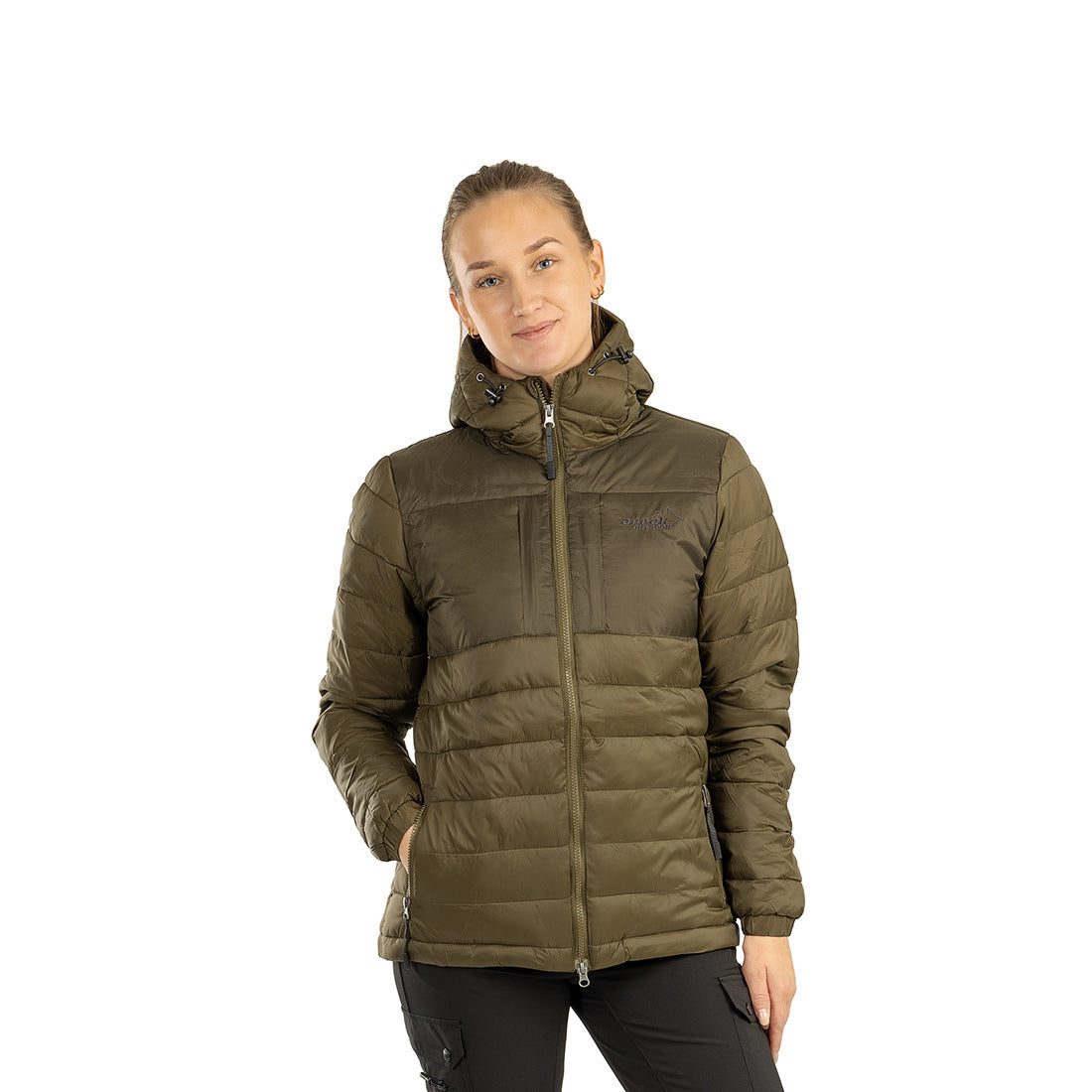 Arrak Women's Warmy Jacket Olive front model with multiple pockets, windproof, thermal, lightweight, perfect to keep you warm on dog walks