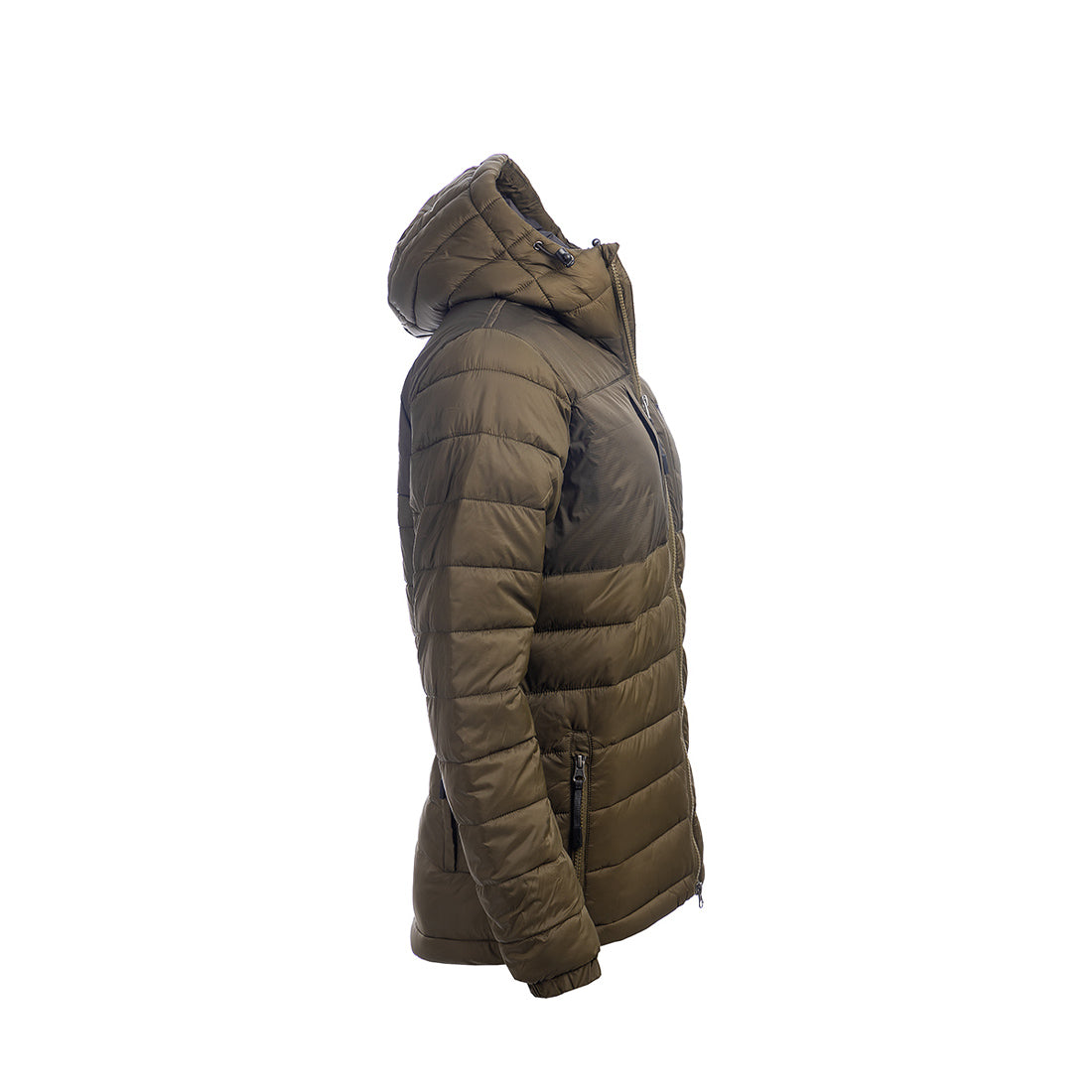 Arrak Women's Warmy Jacket Olive side with multiple pockets, windproof, thermal, lightweight, perfect to keep you warm on dog walks